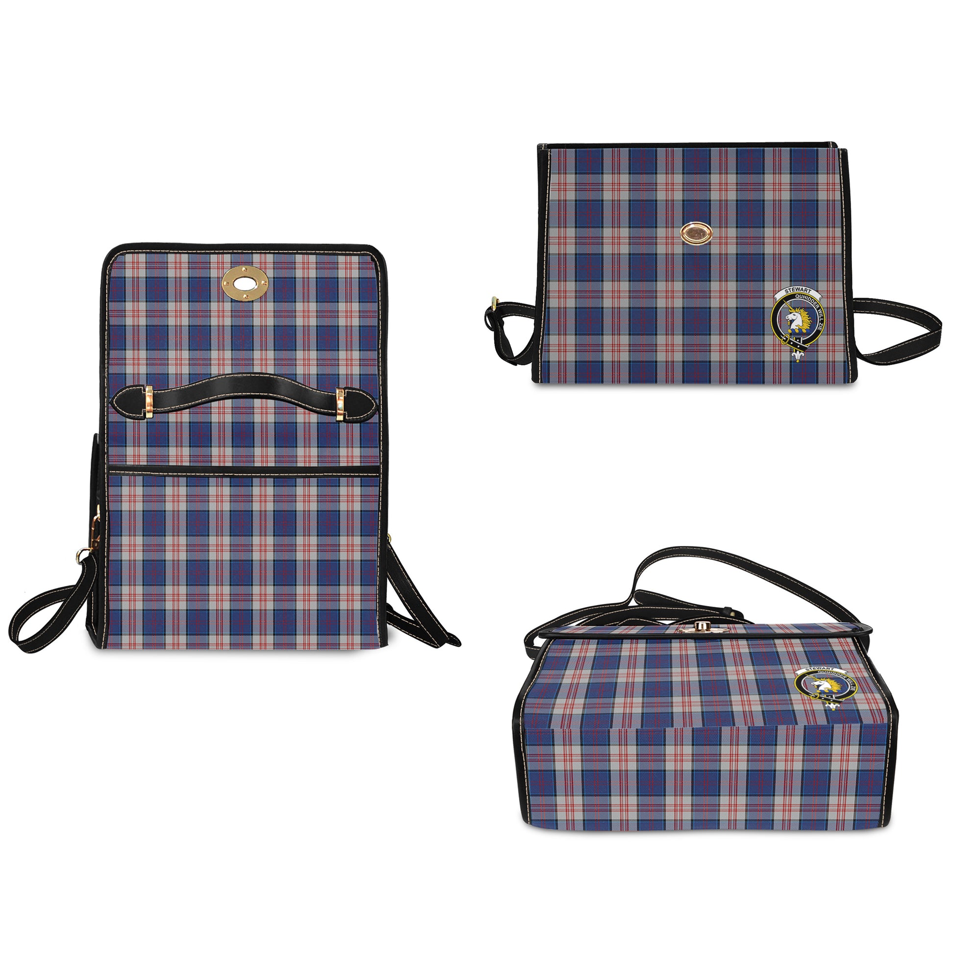 Stewart of Appin Hunting Dress Tartan Leather Strap Waterproof Canvas Bag with Family Crest - Tartanvibesclothing