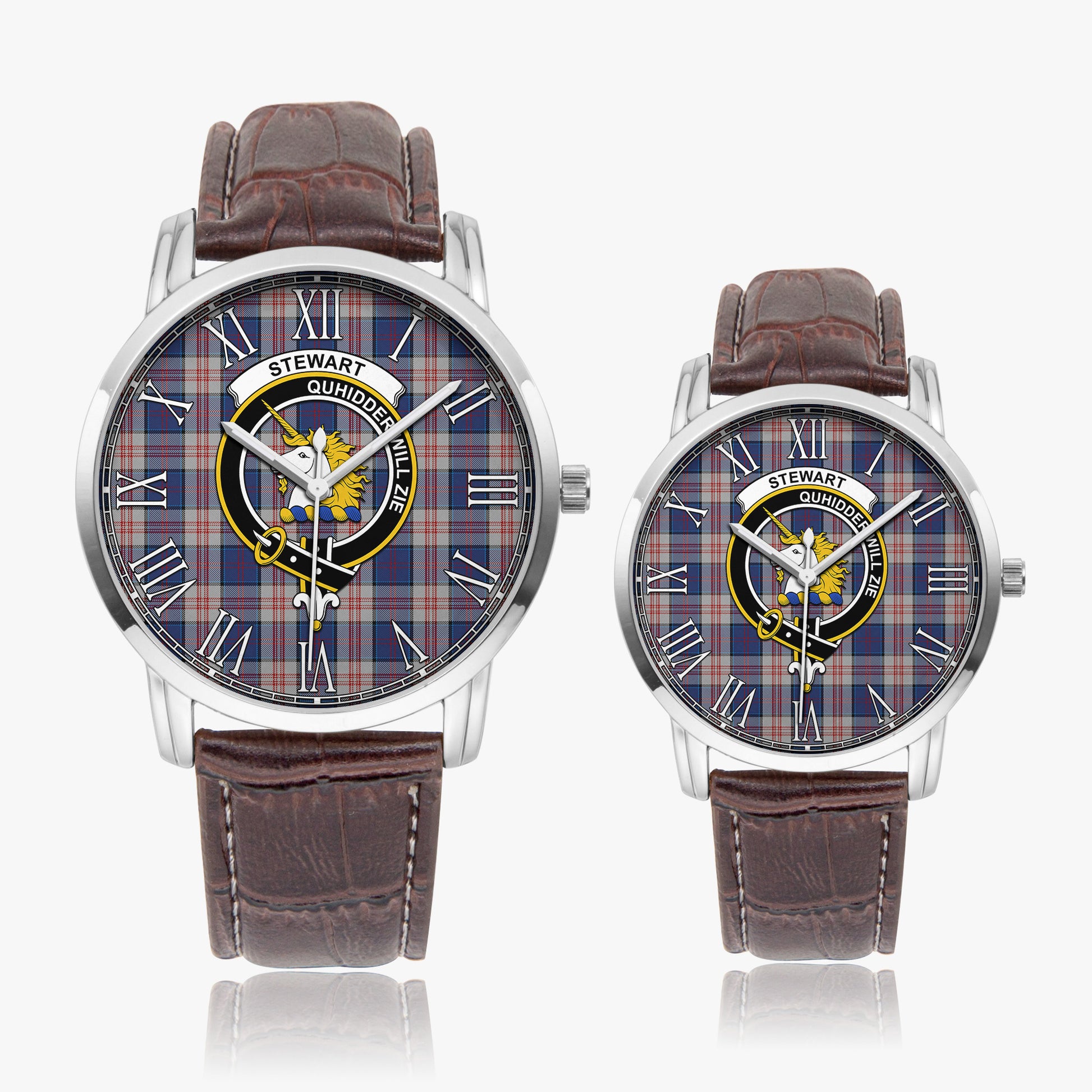 Stewart of Appin Hunting Dress Tartan Family Crest Leather Strap Quartz Watch - Tartanvibesclothing