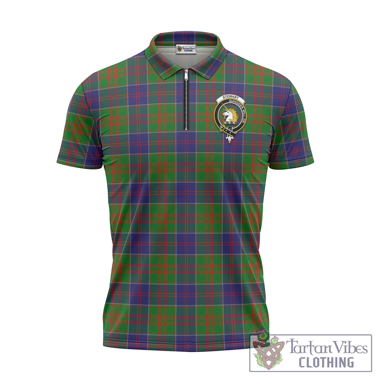 Tartan Vibes Clothing Stewart of Appin Hunting Modern Tartan Zipper Polo Shirt with Family Crest