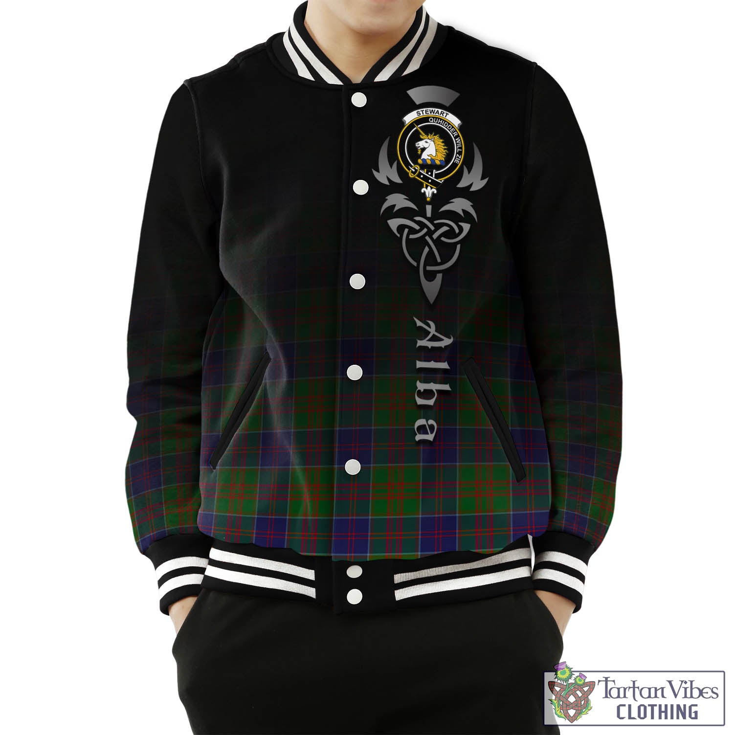 Tartan Vibes Clothing Stewart of Appin Hunting Modern Tartan Baseball Jacket Featuring Alba Gu Brath Family Crest Celtic Inspired