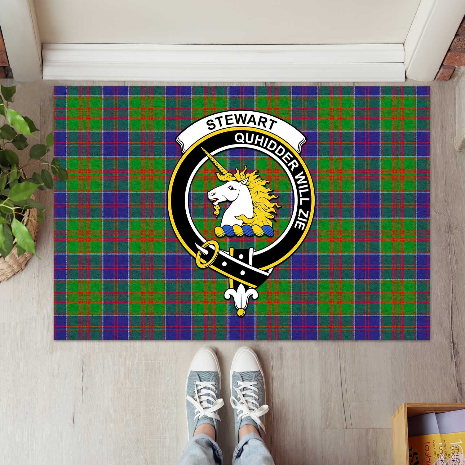 Stewart of Appin Hunting Modern Tartan Door Mat with Family Crest - Tartanvibesclothing Shop