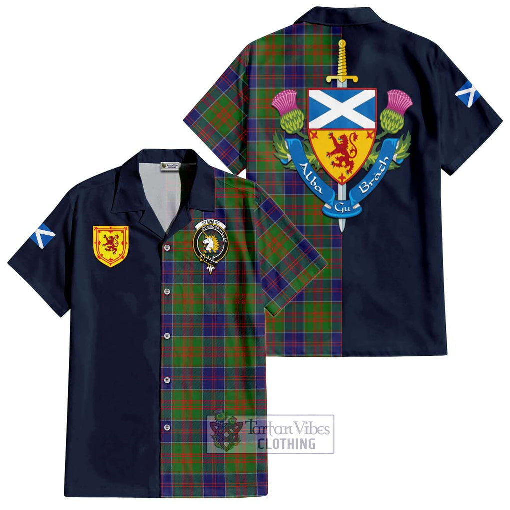 Tartan Vibes Clothing Stewart of Appin Hunting Modern Tartan Short Sleeve Button Shirt with Scottish Lion Royal Arm Half Style