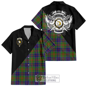 Stewart of Appin Hunting Modern Tartan Short Sleeve Button Shirt with Family Crest and Military Logo Style