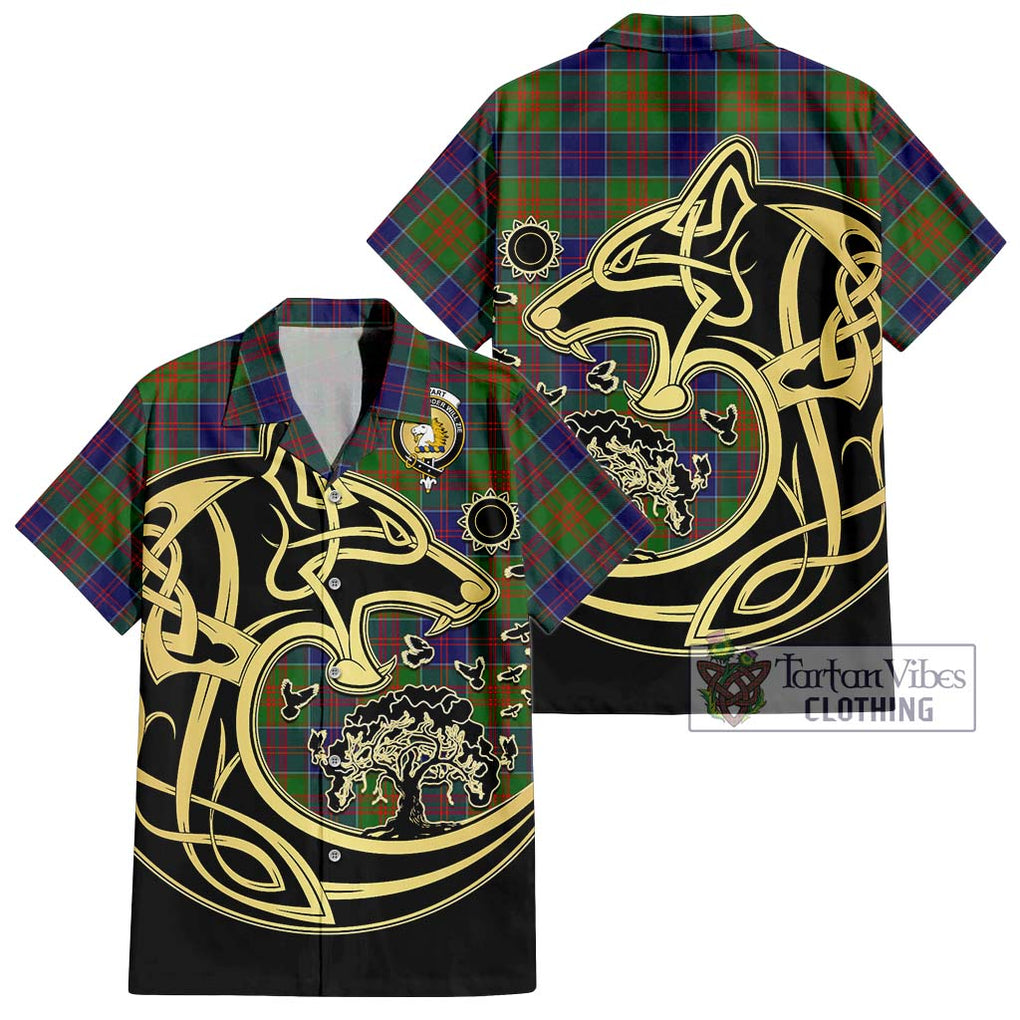 Stewart of Appin Hunting Modern Tartan Short Sleeve Button Shirt with Family Crest Celtic Wolf Style Kid - Tartan Vibes Clothing