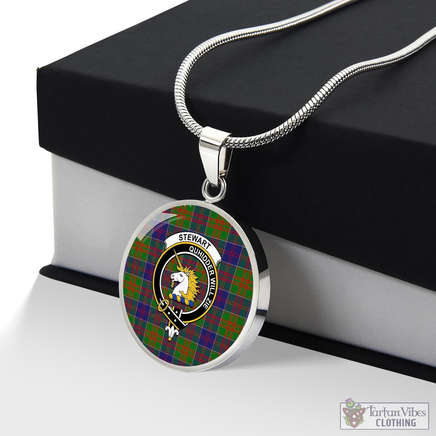 Tartan Vibes Clothing Stewart of Appin Hunting Modern Tartan Circle Necklace with Family Crest