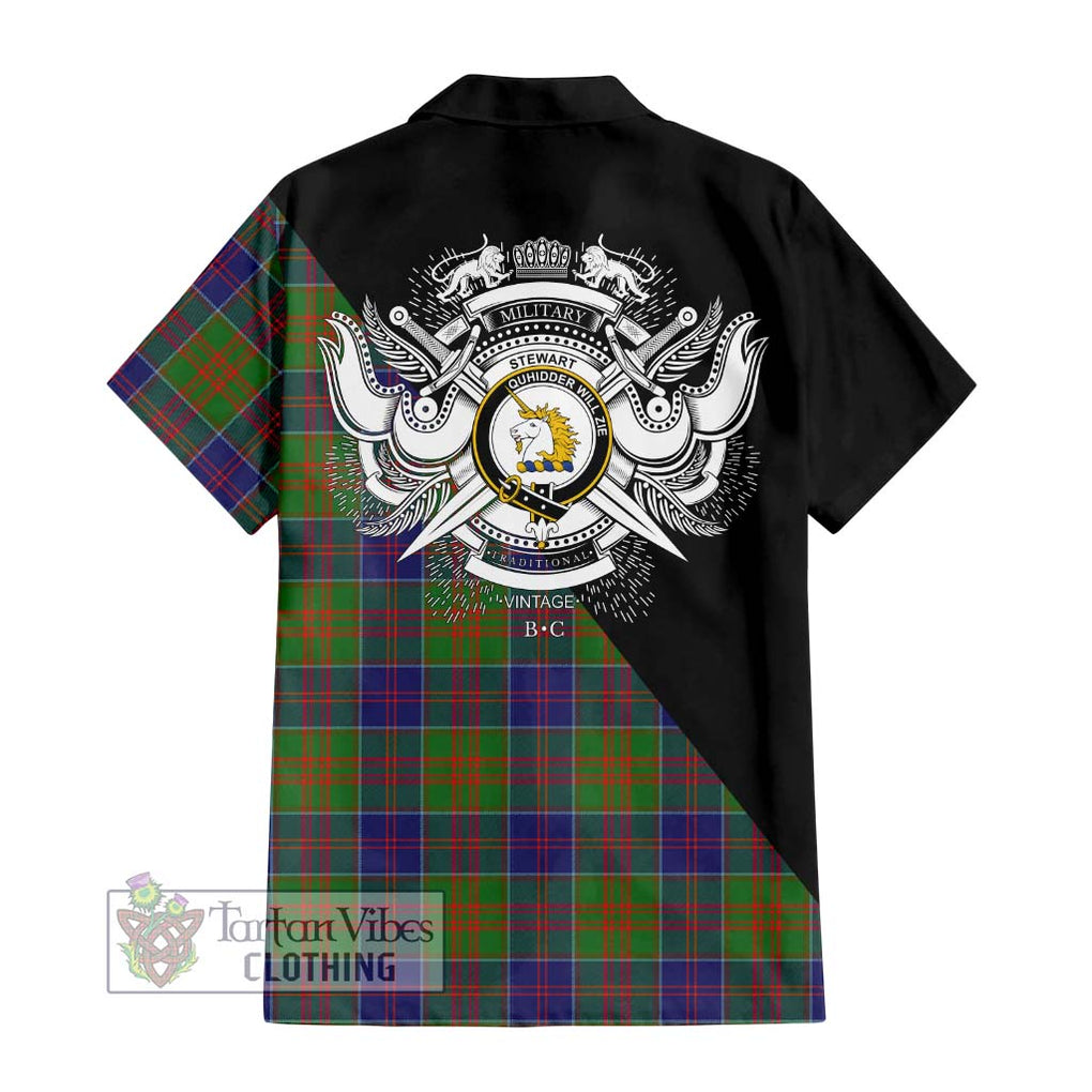 Stewart of Appin Hunting Modern Tartan Short Sleeve Button Shirt with Family Crest and Military Logo Style - Tartanvibesclothing Shop