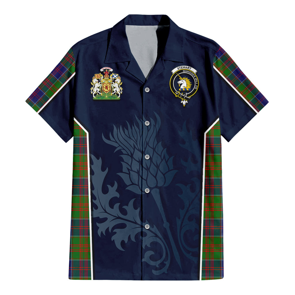 Tartan Vibes Clothing Stewart of Appin Hunting Modern Tartan Short Sleeve Button Up Shirt with Family Crest and Scottish Thistle Vibes Sport Style