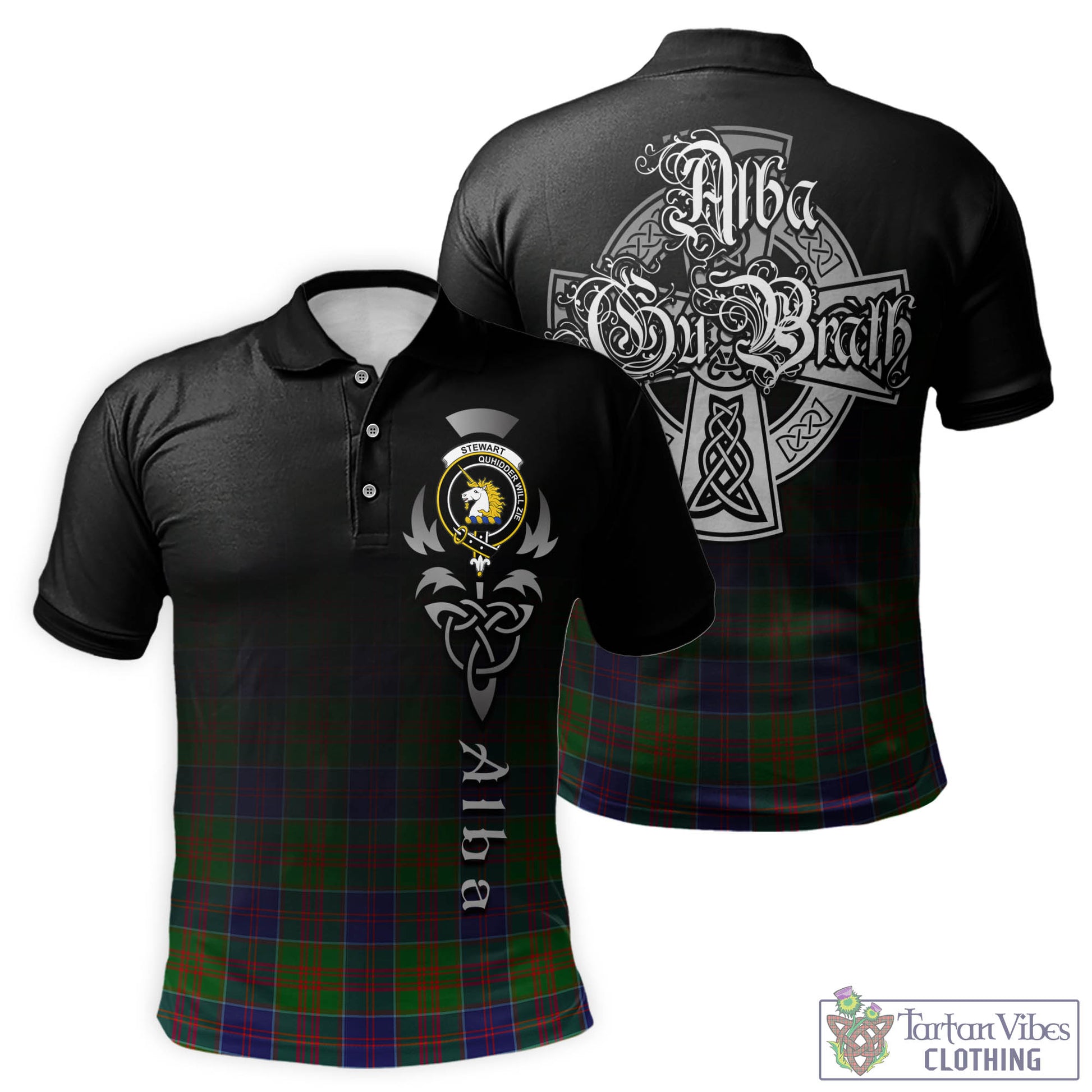 Tartan Vibes Clothing Stewart of Appin Hunting Modern Tartan Polo Shirt Featuring Alba Gu Brath Family Crest Celtic Inspired