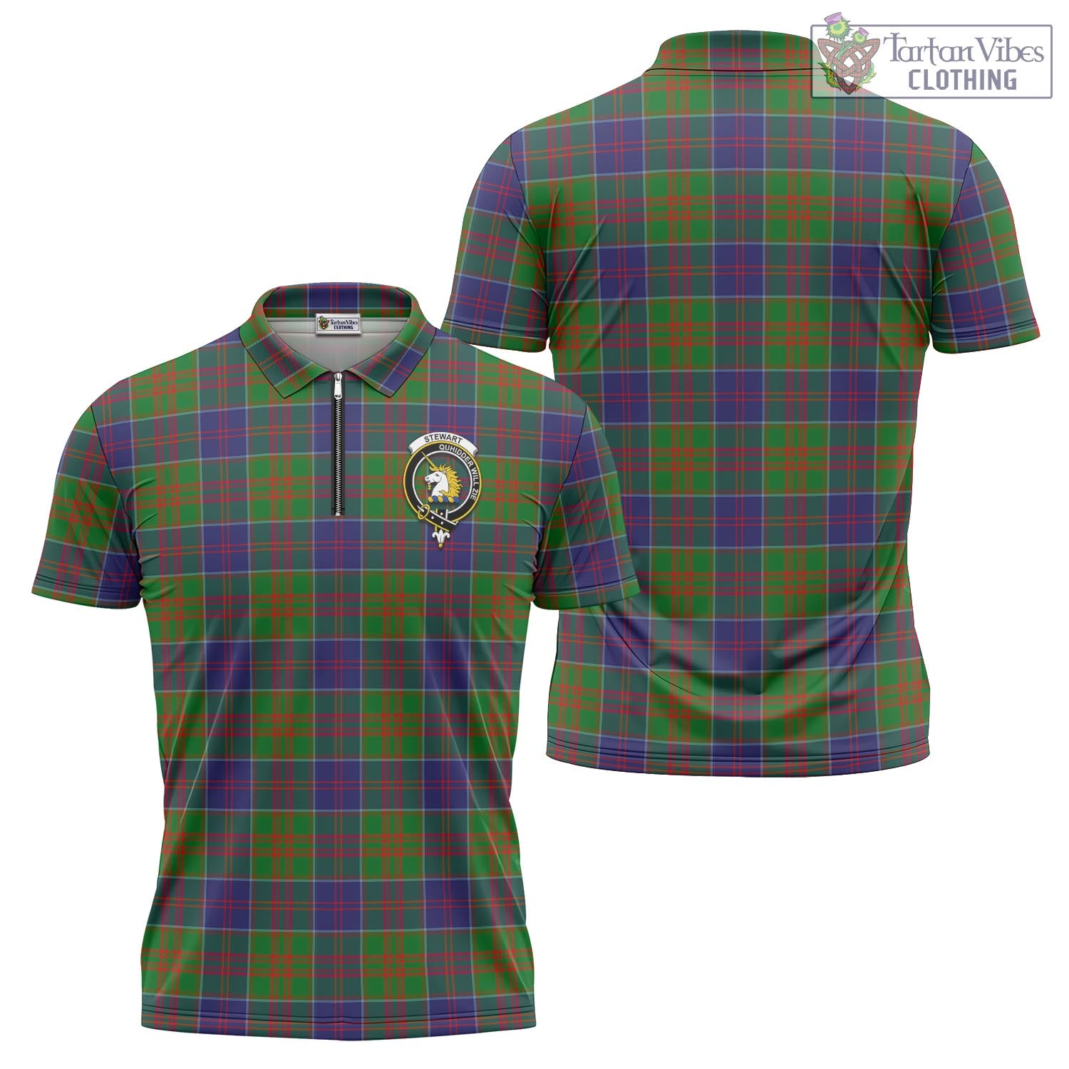 Tartan Vibes Clothing Stewart of Appin Hunting Modern Tartan Zipper Polo Shirt with Family Crest