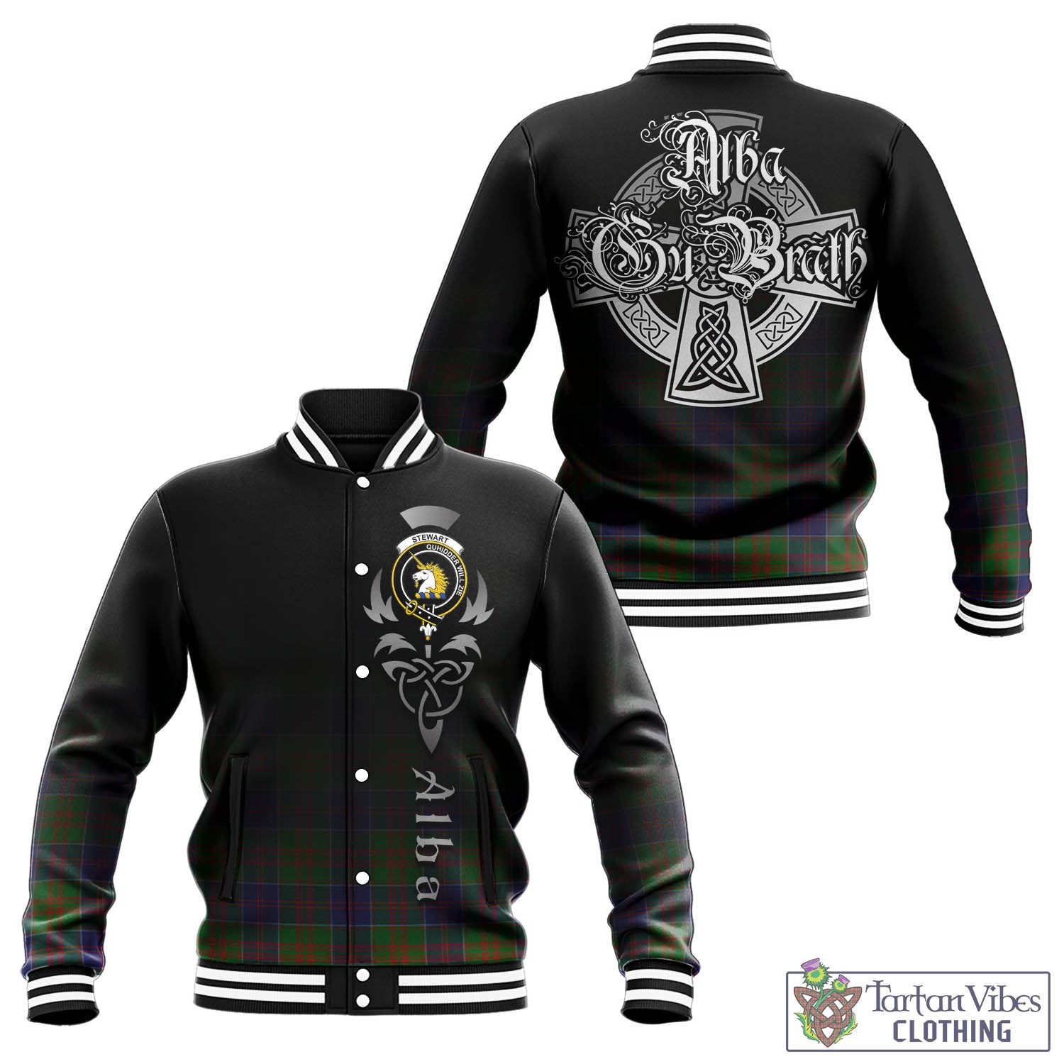 Tartan Vibes Clothing Stewart of Appin Hunting Modern Tartan Baseball Jacket Featuring Alba Gu Brath Family Crest Celtic Inspired