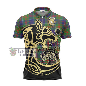 Stewart of Appin Hunting Modern Tartan Zipper Polo Shirt with Family Crest Celtic Wolf Style