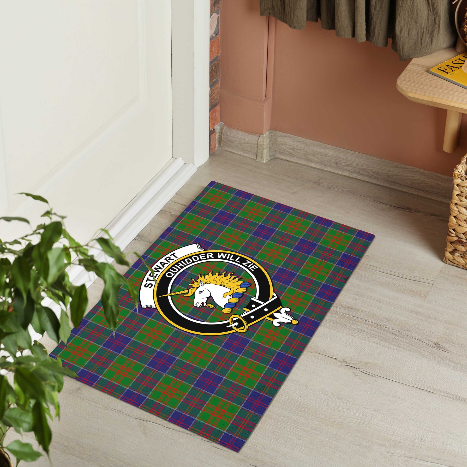 Stewart of Appin Hunting Modern Tartan Door Mat with Family Crest - Tartanvibesclothing Shop