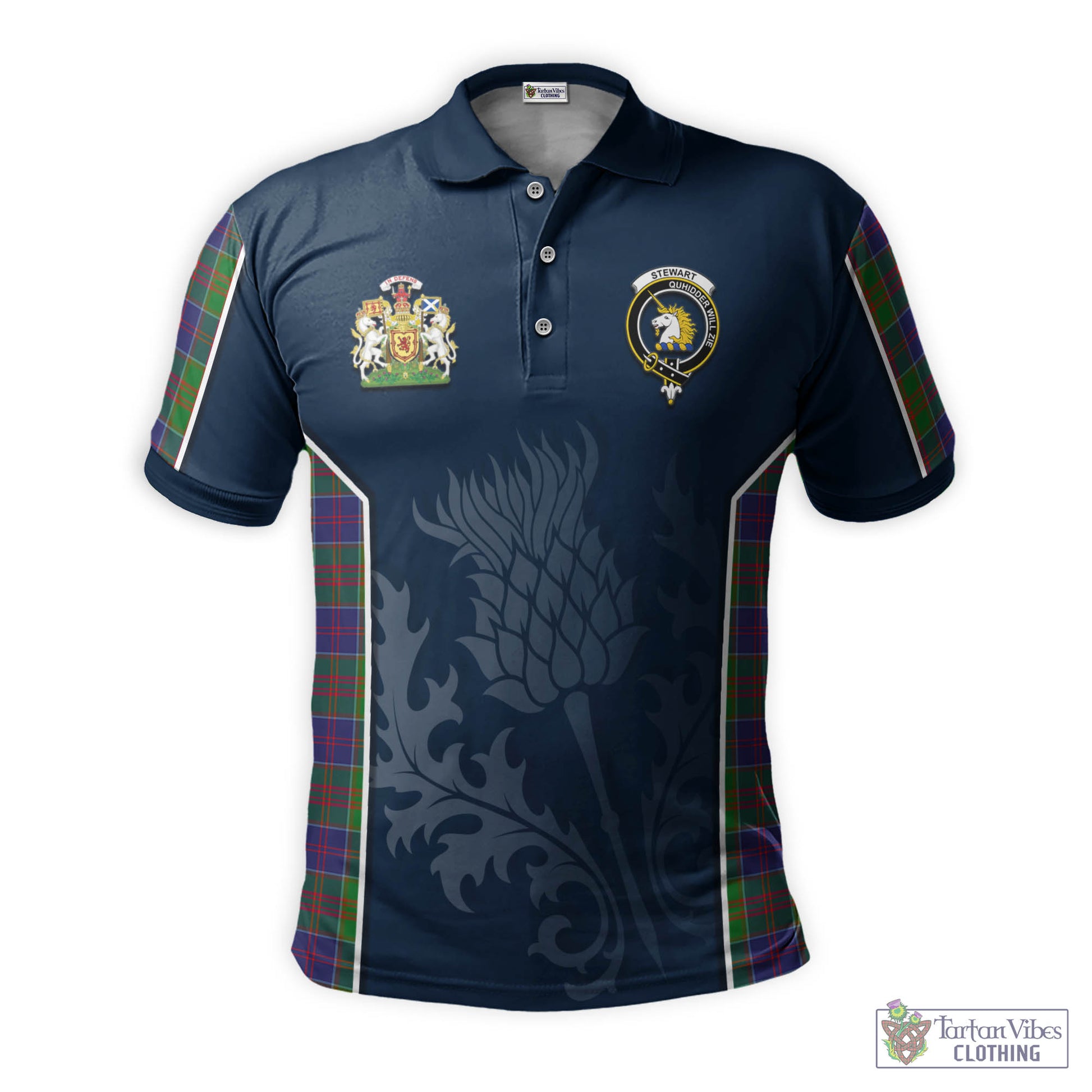 Tartan Vibes Clothing Stewart of Appin Hunting Modern Tartan Men's Polo Shirt with Family Crest and Scottish Thistle Vibes Sport Style