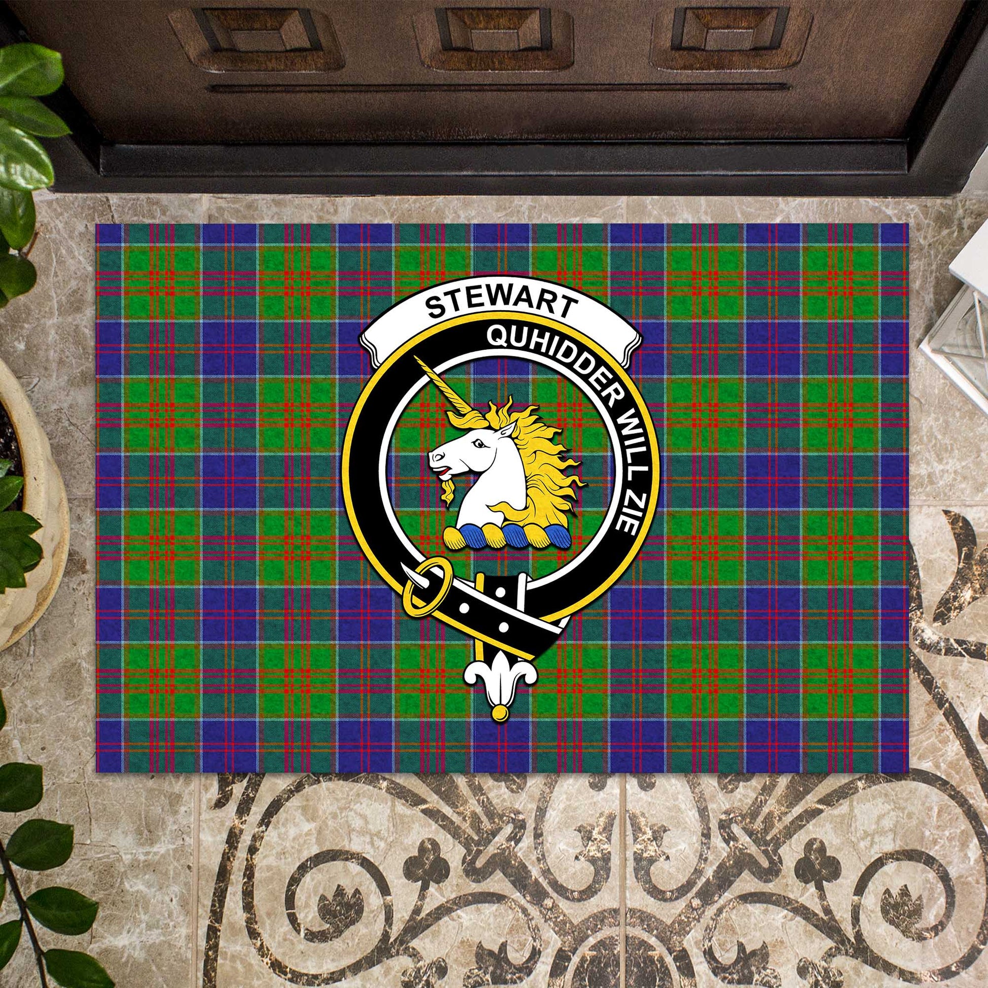 Stewart of Appin Hunting Modern Tartan Door Mat with Family Crest - Tartanvibesclothing Shop