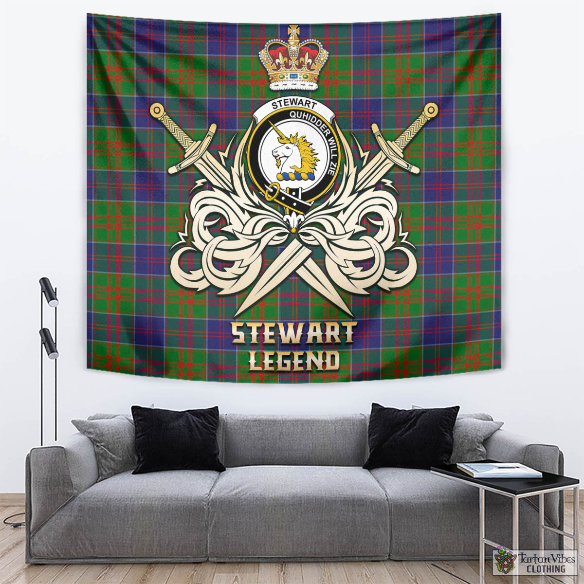 Tartan Vibes Clothing Stewart of Appin Hunting Modern Tartan Tapestry with Clan Crest and the Golden Sword of Courageous Legacy