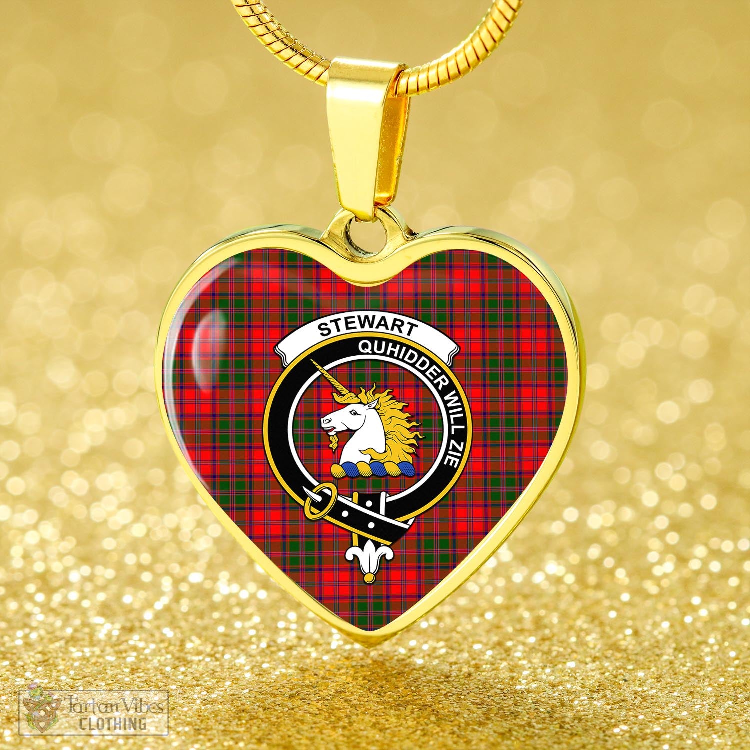 Tartan Vibes Clothing Stewart of Appin Modern Tartan Heart Necklace with Family Crest