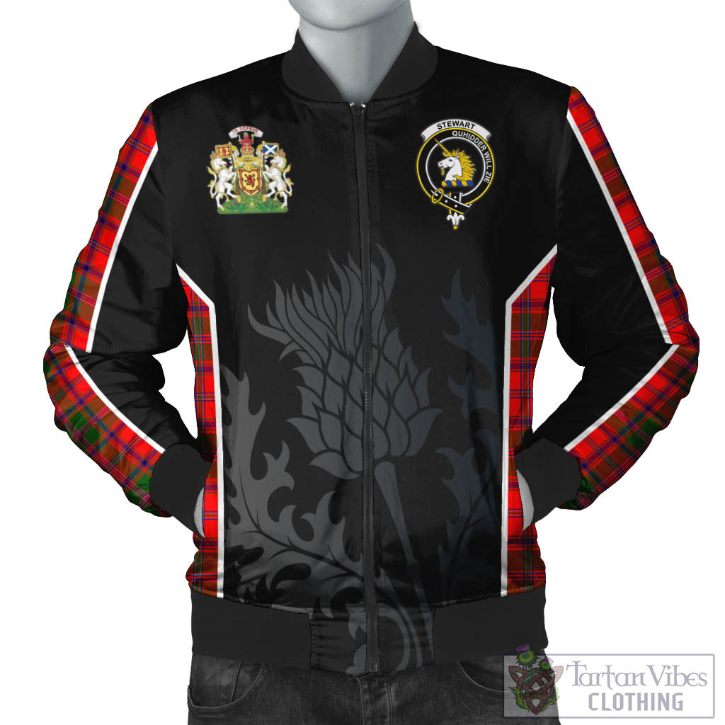 Tartan Vibes Clothing Stewart of Appin Modern Tartan Bomber Jacket with Family Crest and Scottish Thistle Vibes Sport Style