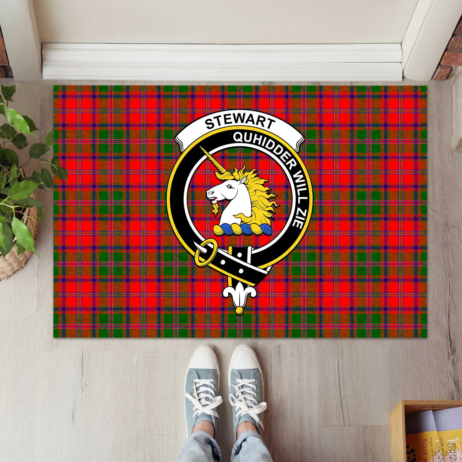 Stewart of Appin Modern Tartan Door Mat with Family Crest - Tartanvibesclothing Shop