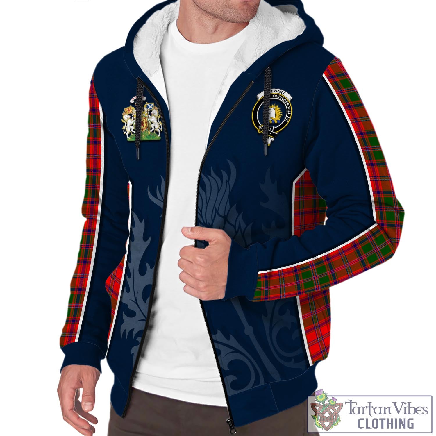 Tartan Vibes Clothing Stewart of Appin Modern Tartan Sherpa Hoodie with Family Crest and Scottish Thistle Vibes Sport Style