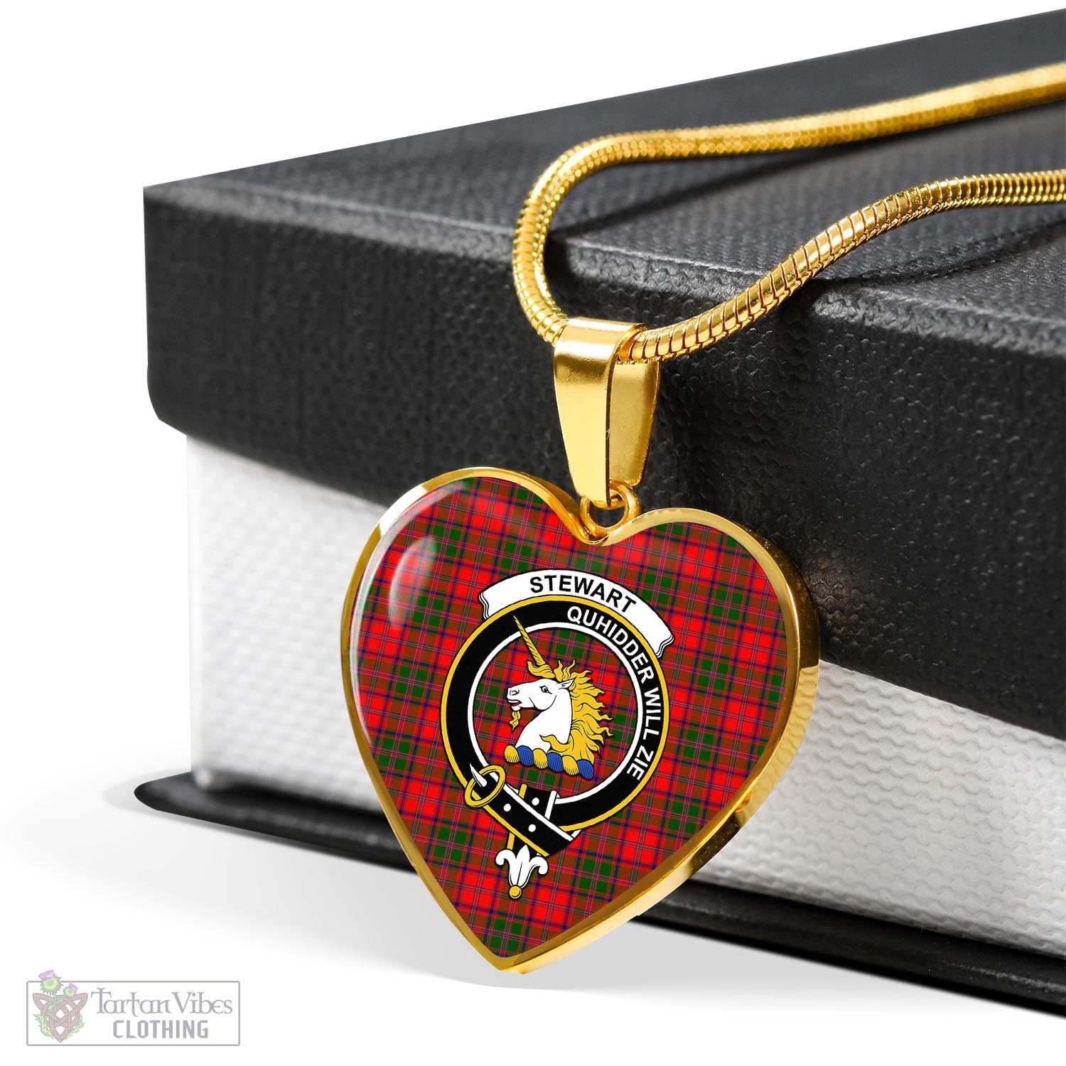 Tartan Vibes Clothing Stewart of Appin Modern Tartan Heart Necklace with Family Crest