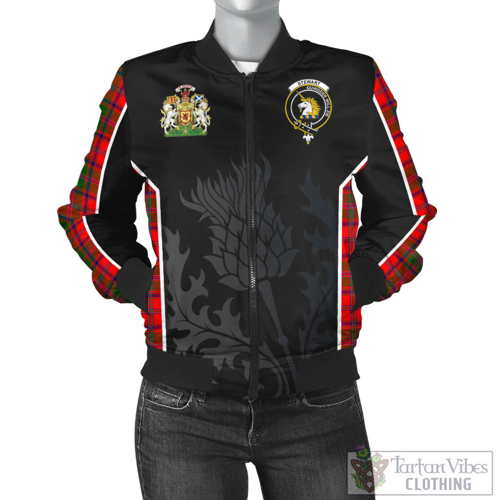 Tartan Vibes Clothing Stewart of Appin Modern Tartan Bomber Jacket with Family Crest and Scottish Thistle Vibes Sport Style