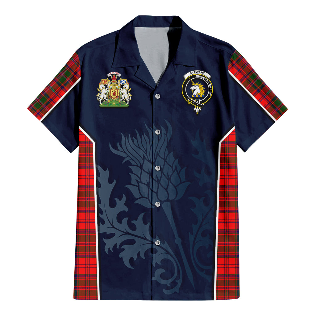 Tartan Vibes Clothing Stewart of Appin Modern Tartan Short Sleeve Button Up Shirt with Family Crest and Scottish Thistle Vibes Sport Style