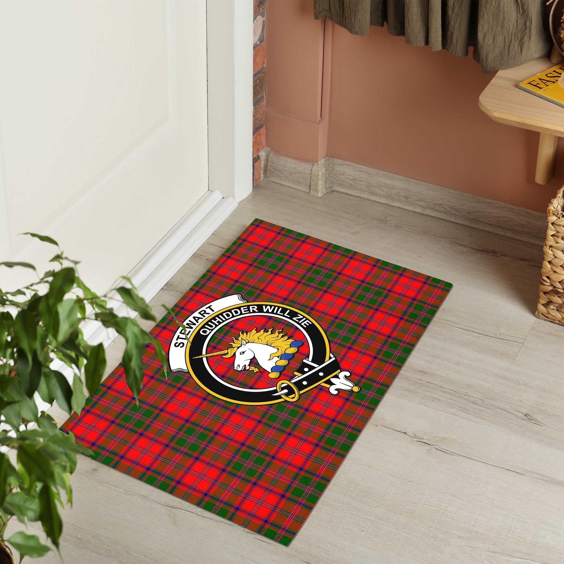 Stewart of Appin Modern Tartan Door Mat with Family Crest - Tartanvibesclothing Shop