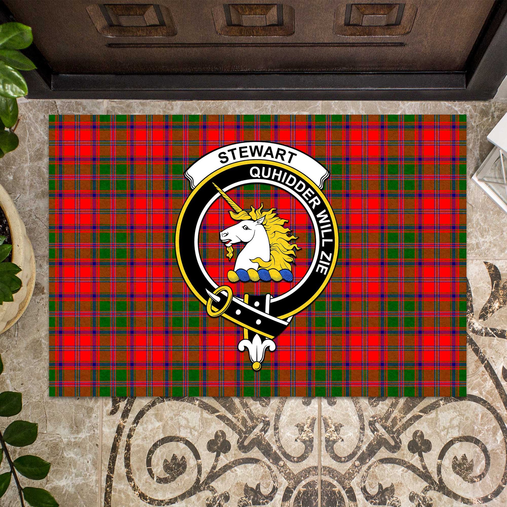 Stewart of Appin Modern Tartan Door Mat with Family Crest - Tartanvibesclothing Shop