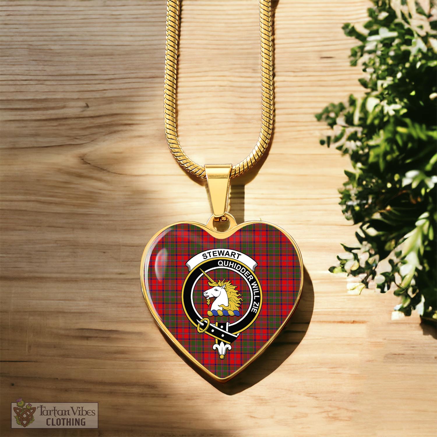 Tartan Vibes Clothing Stewart of Appin Modern Tartan Heart Necklace with Family Crest