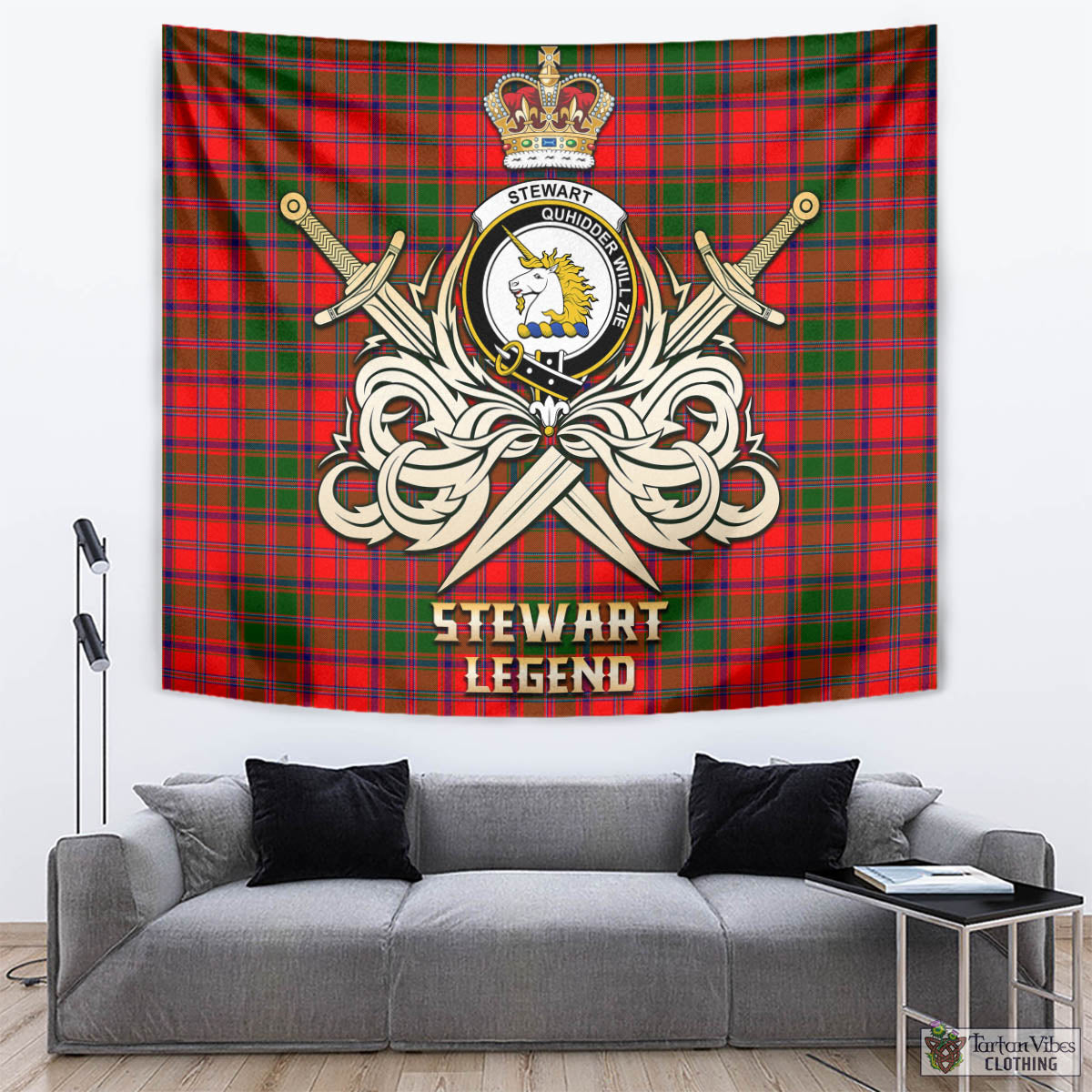 Tartan Vibes Clothing Stewart of Appin Modern Tartan Tapestry with Clan Crest and the Golden Sword of Courageous Legacy