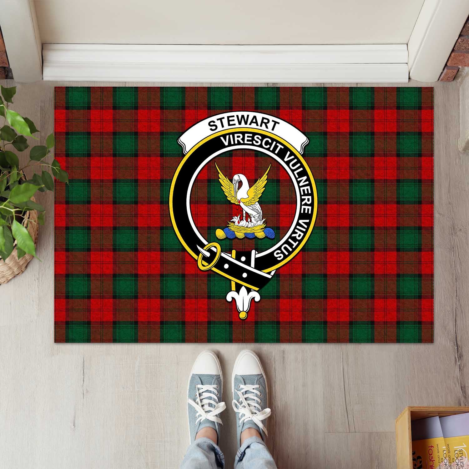 Stewart of Atholl Tartan Door Mat with Family Crest - Tartanvibesclothing Shop