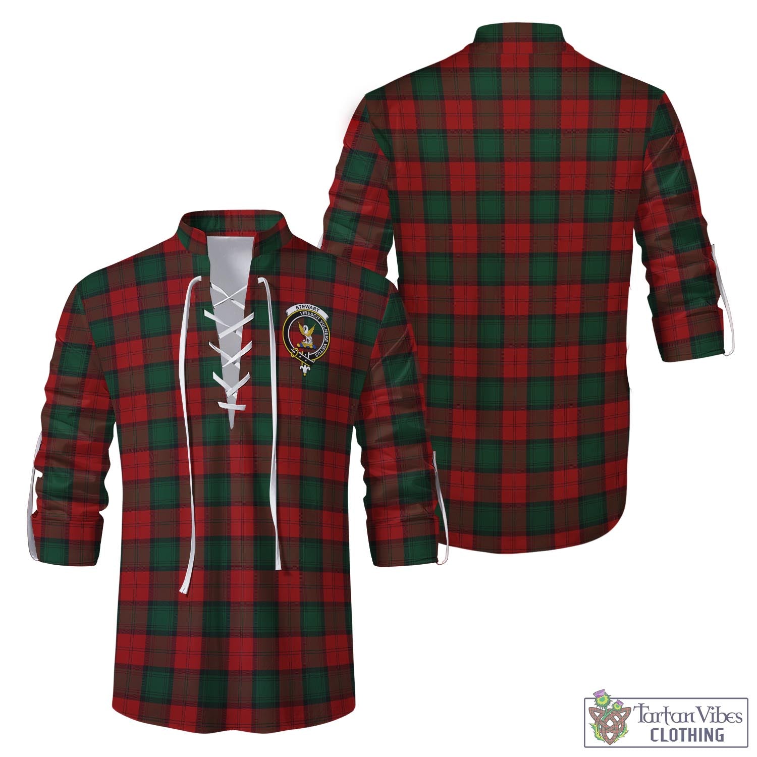 Tartan Vibes Clothing Stewart of Atholl Tartan Men's Scottish Traditional Jacobite Ghillie Kilt Shirt with Family Crest