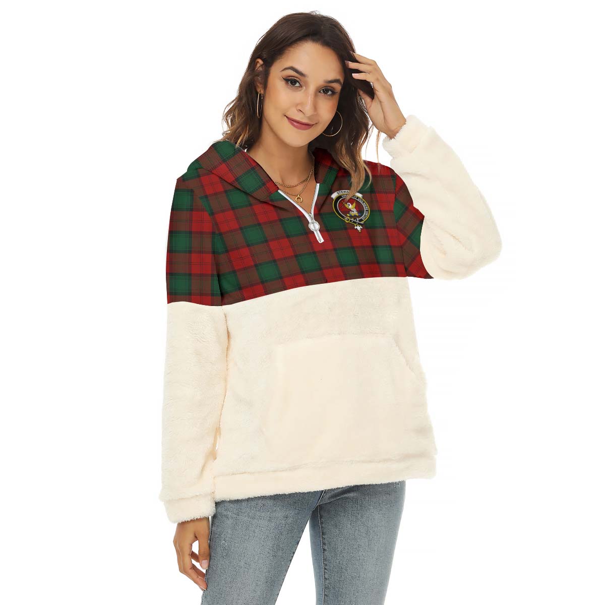 Stewart of Atholl Tartan Women's Borg Fleece Hoodie With Half Zip with Family Crest Female - Tartan Vibes Clothing