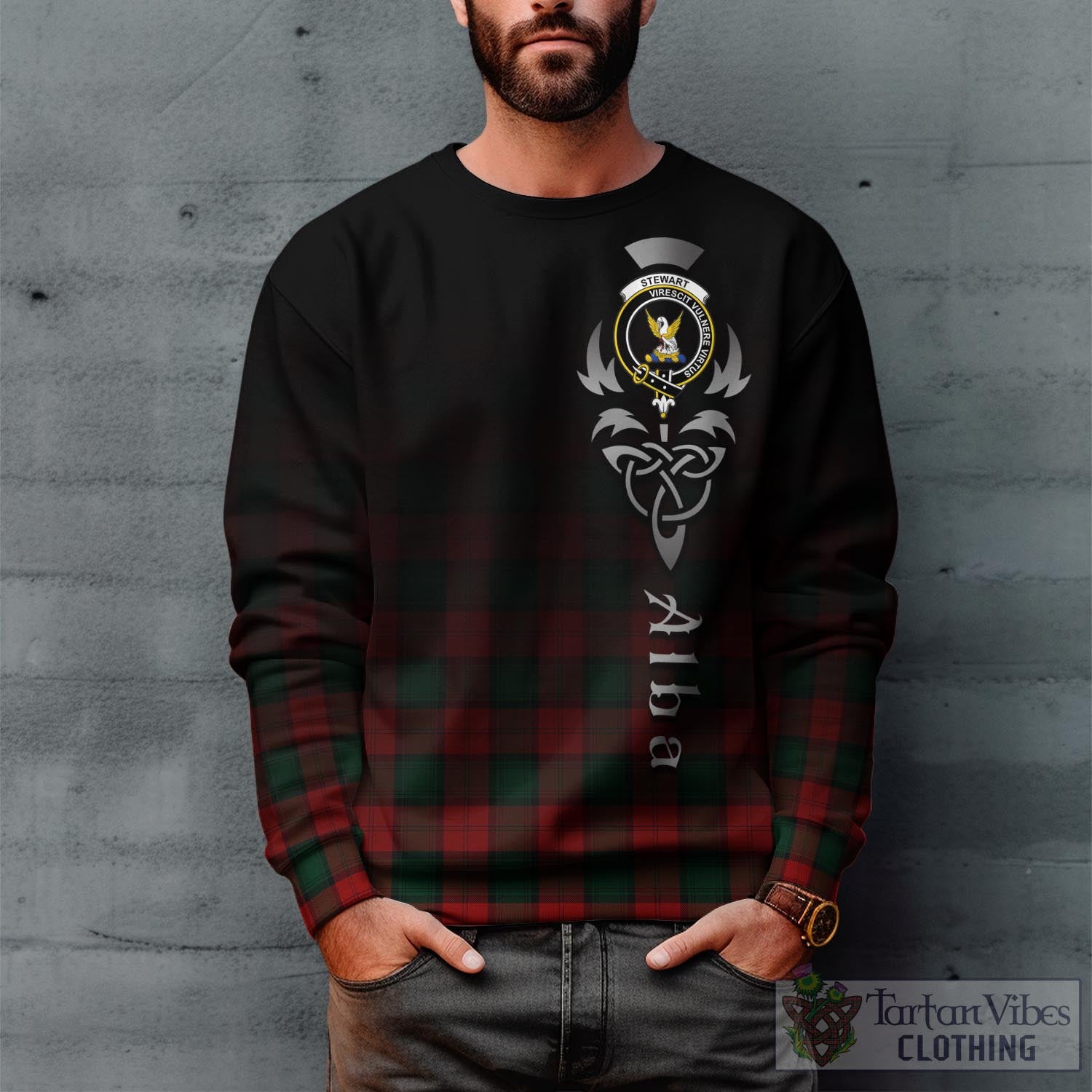 Tartan Vibes Clothing Stewart of Atholl Tartan Sweatshirt Featuring Alba Gu Brath Family Crest Celtic Inspired