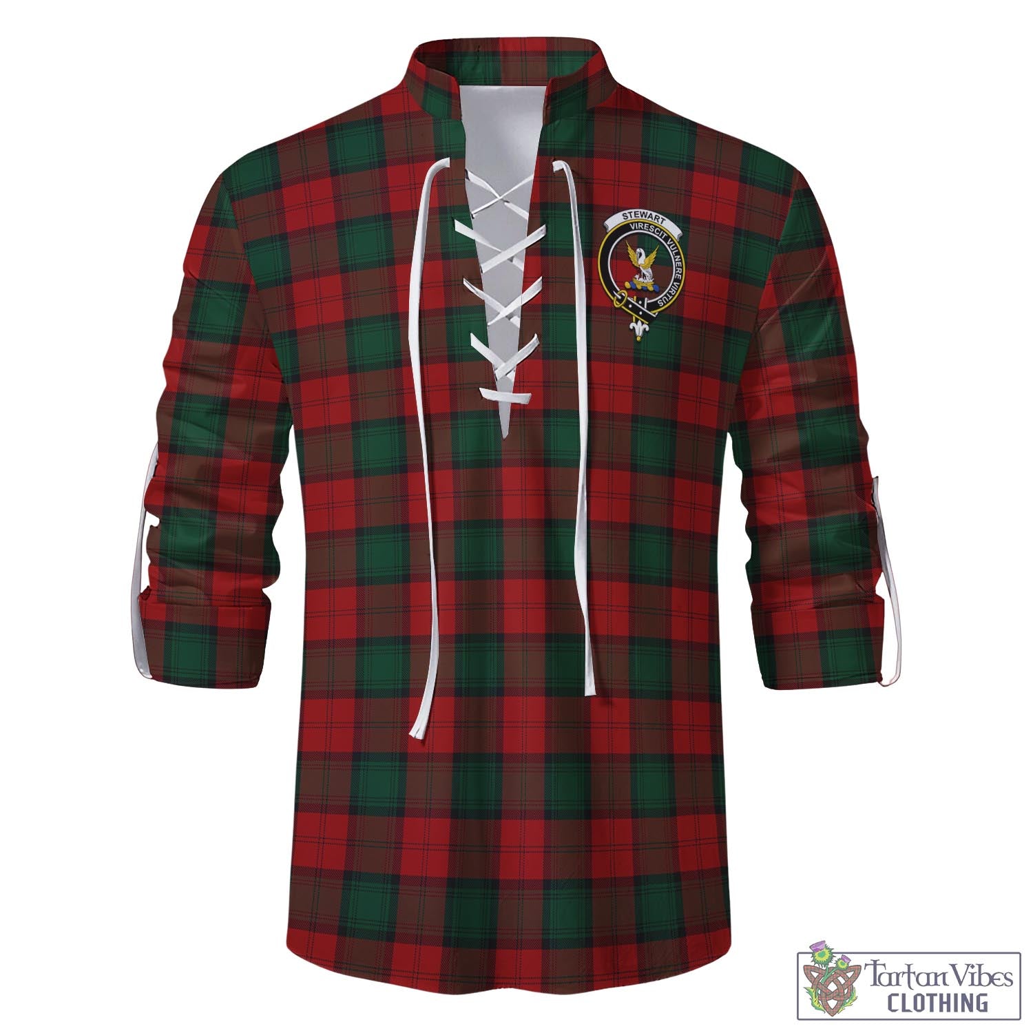 Tartan Vibes Clothing Stewart of Atholl Tartan Men's Scottish Traditional Jacobite Ghillie Kilt Shirt with Family Crest