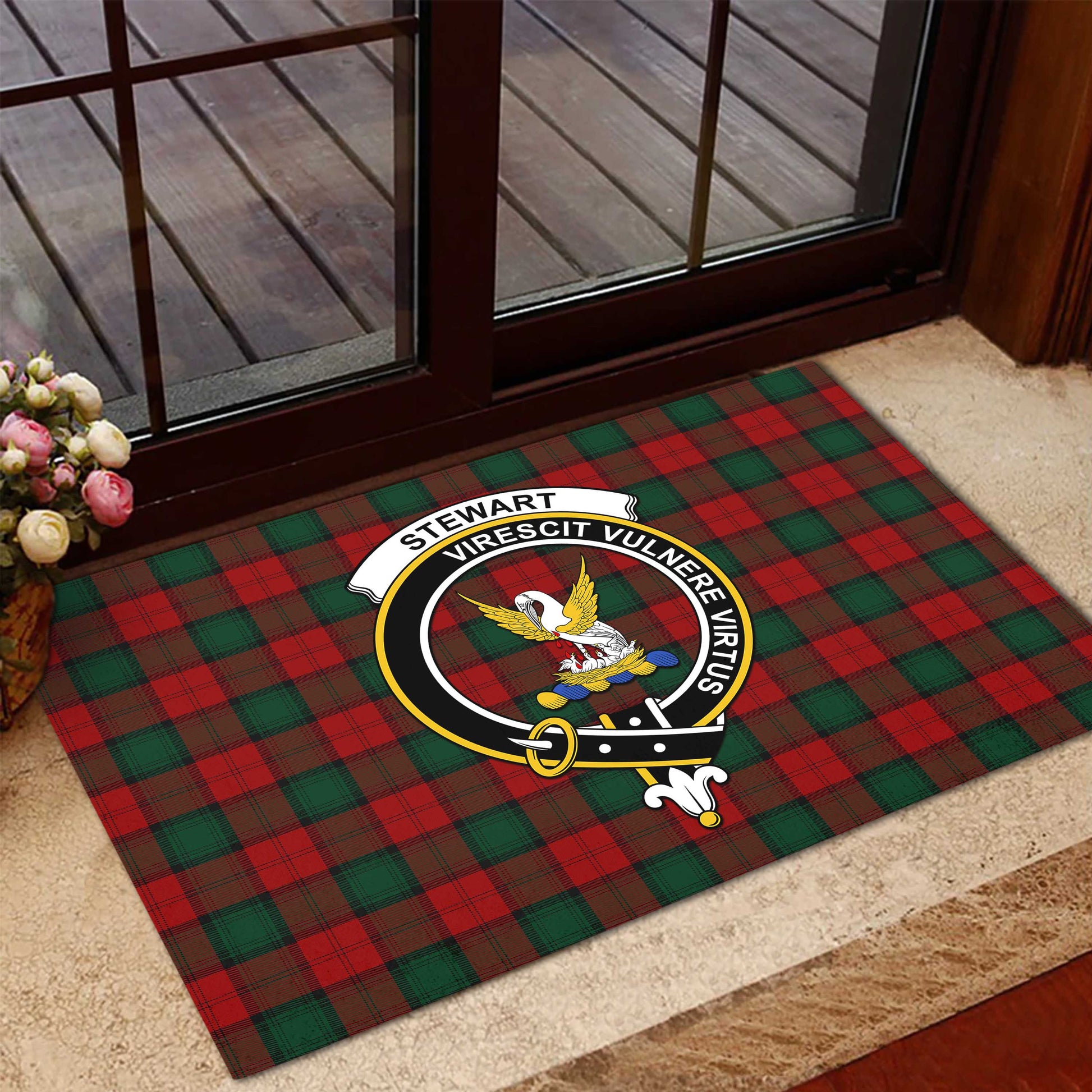 Stewart of Atholl Tartan Door Mat with Family Crest - Tartanvibesclothing Shop