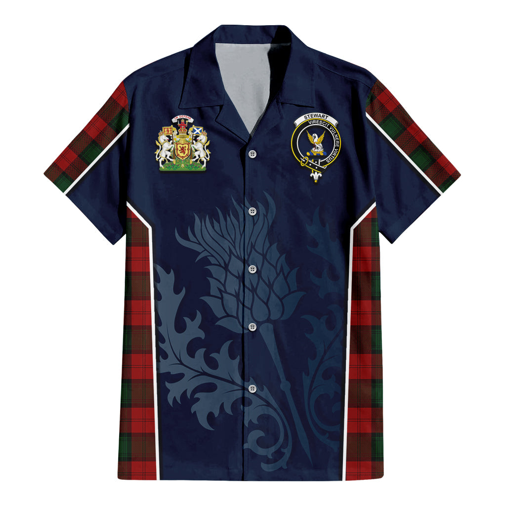 Tartan Vibes Clothing Stewart of Atholl Tartan Short Sleeve Button Up Shirt with Family Crest and Scottish Thistle Vibes Sport Style