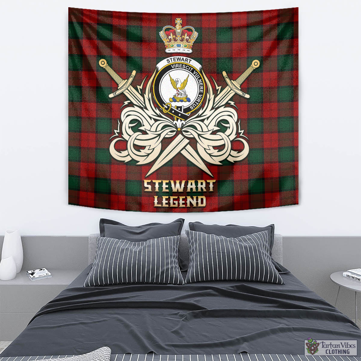 Tartan Vibes Clothing Stewart of Atholl Tartan Tapestry with Clan Crest and the Golden Sword of Courageous Legacy