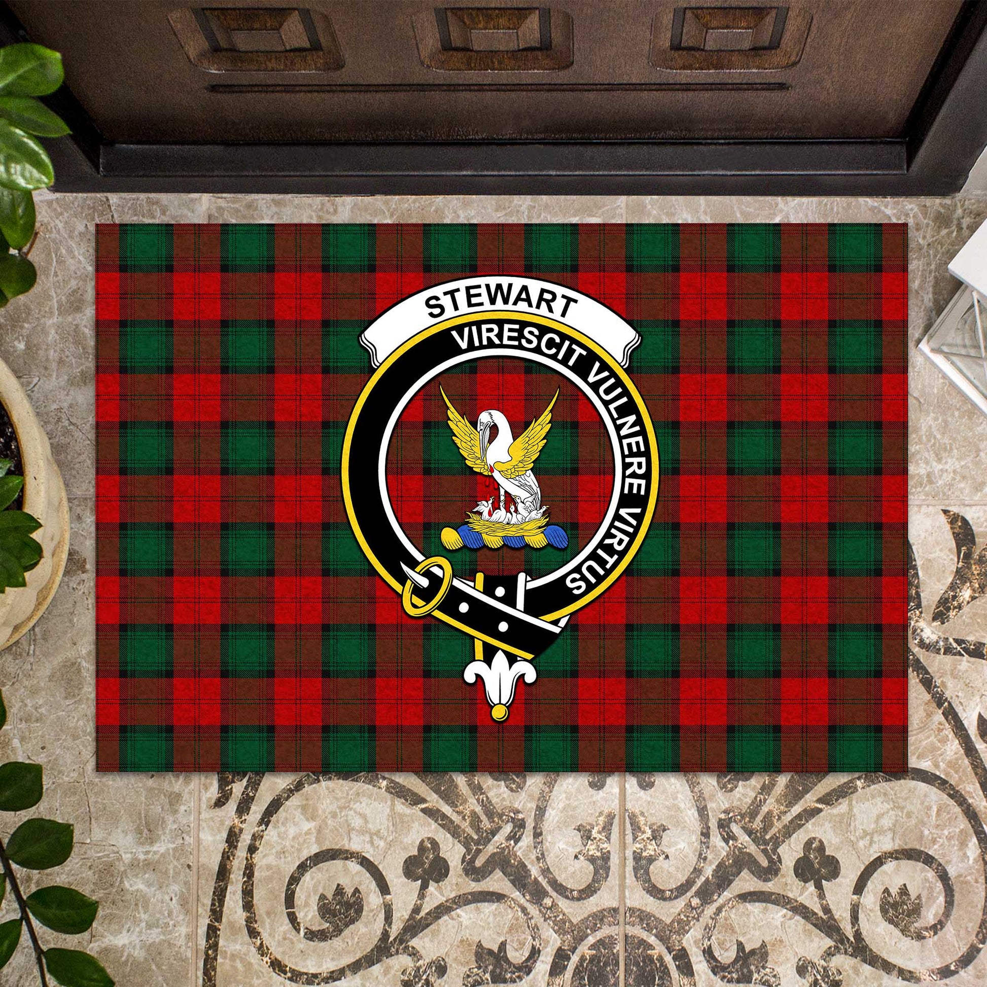 Stewart of Atholl Tartan Door Mat with Family Crest - Tartanvibesclothing Shop