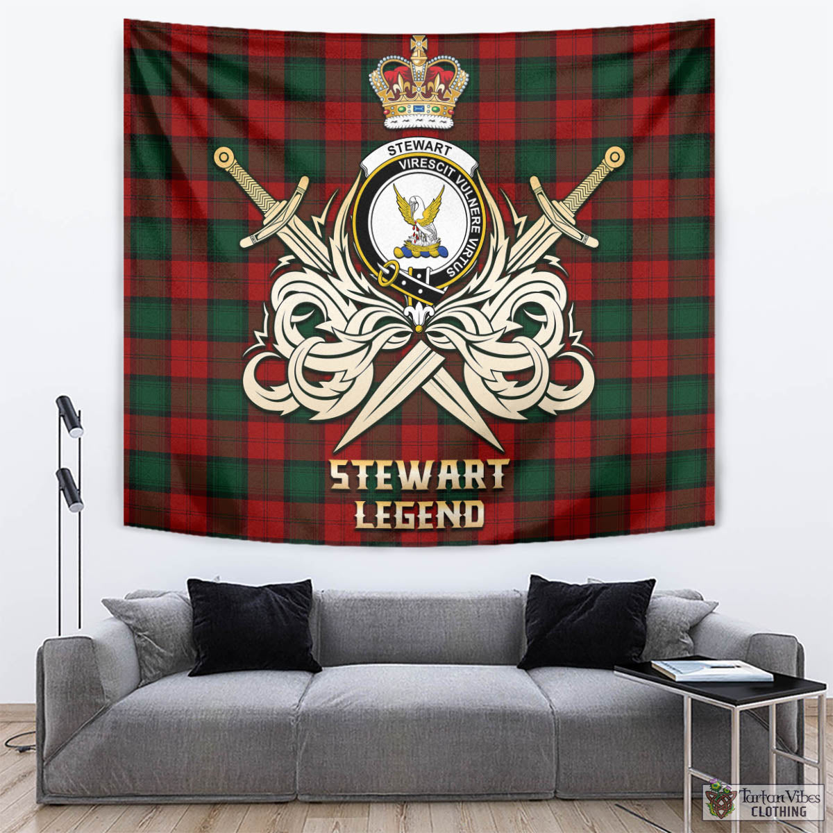 Tartan Vibes Clothing Stewart of Atholl Tartan Tapestry with Clan Crest and the Golden Sword of Courageous Legacy