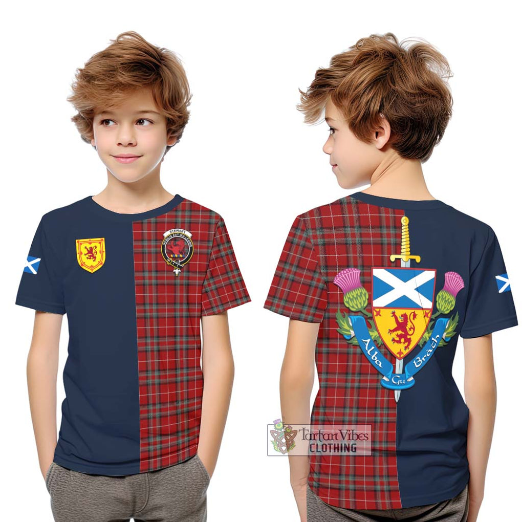 Tartan Vibes Clothing Stewart of Bute Tartan Kid T-Shirt with Scottish Lion Royal Arm Half Style