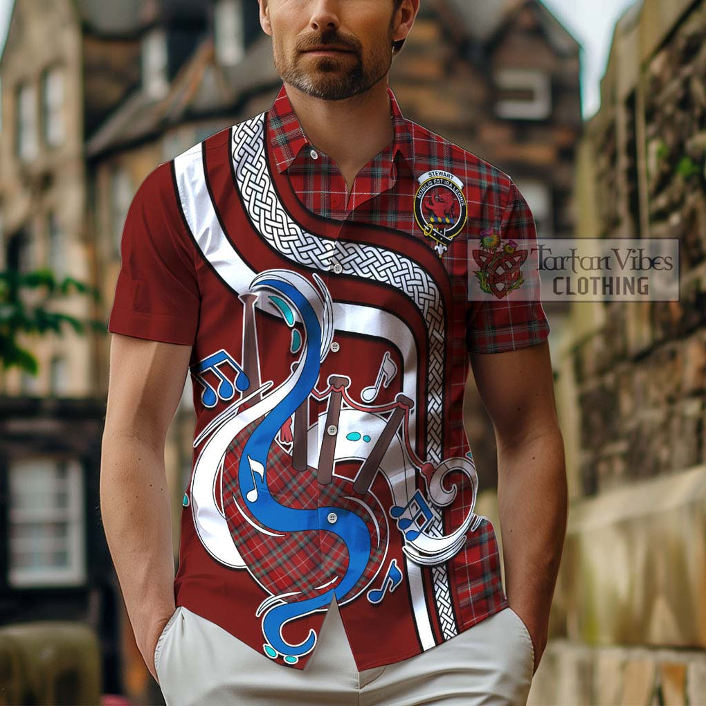 Stewart of Bute Tartan Short Sleeve Button Shirt with Epic Bagpipe Style - Tartanvibesclothing Shop