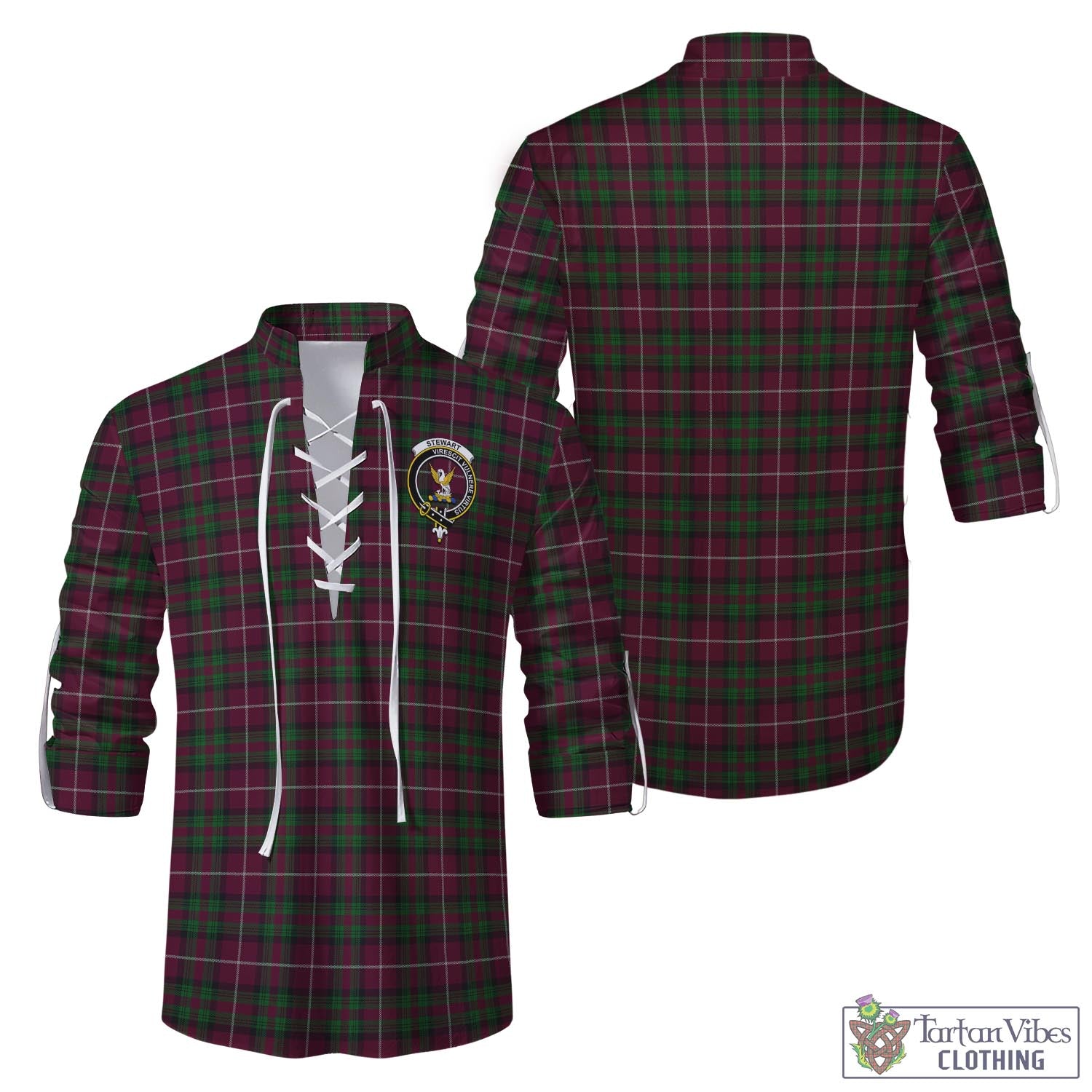 Tartan Vibes Clothing Stewart of Bute Hunting Tartan Men's Scottish Traditional Jacobite Ghillie Kilt Shirt with Family Crest