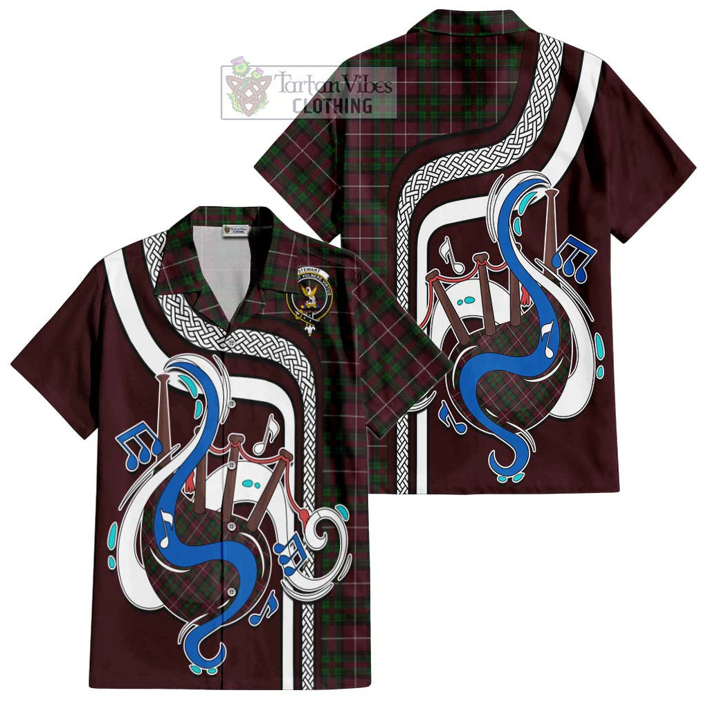 Stewart of Bute Hunting Tartan Short Sleeve Button Shirt with Epic Bagpipe Style Kid - Tartanvibesclothing Shop