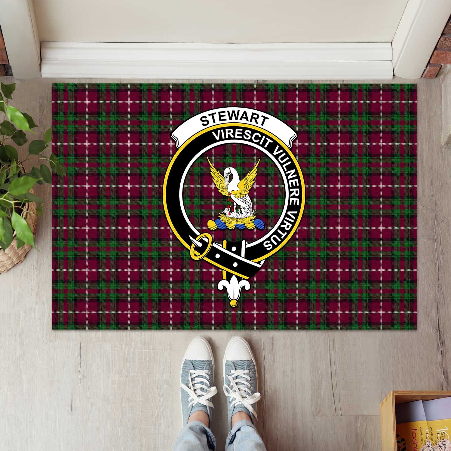 Stewart of Bute Hunting Tartan Door Mat with Family Crest - Tartanvibesclothing Shop