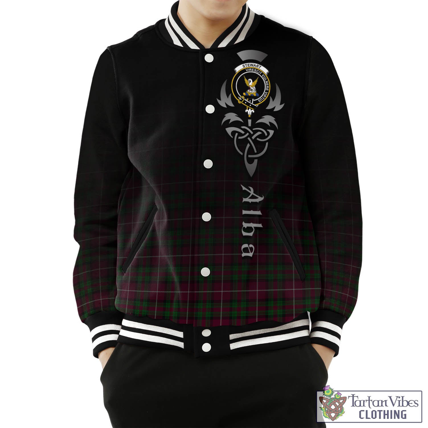 Tartan Vibes Clothing Stewart of Bute Hunting Tartan Baseball Jacket Featuring Alba Gu Brath Family Crest Celtic Inspired