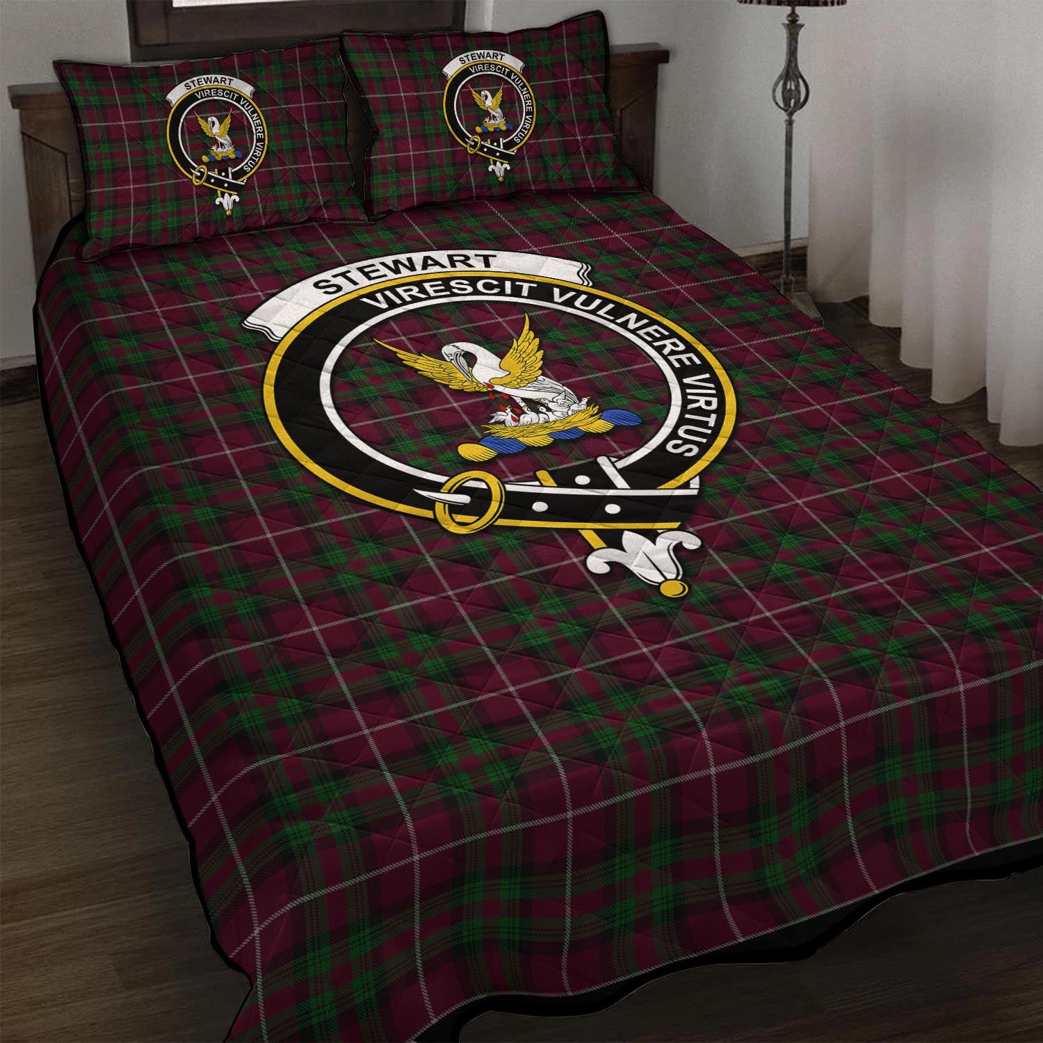 Stewart of Bute Hunting Tartan Quilt Bed Set with Family Crest - Tartan Vibes Clothing