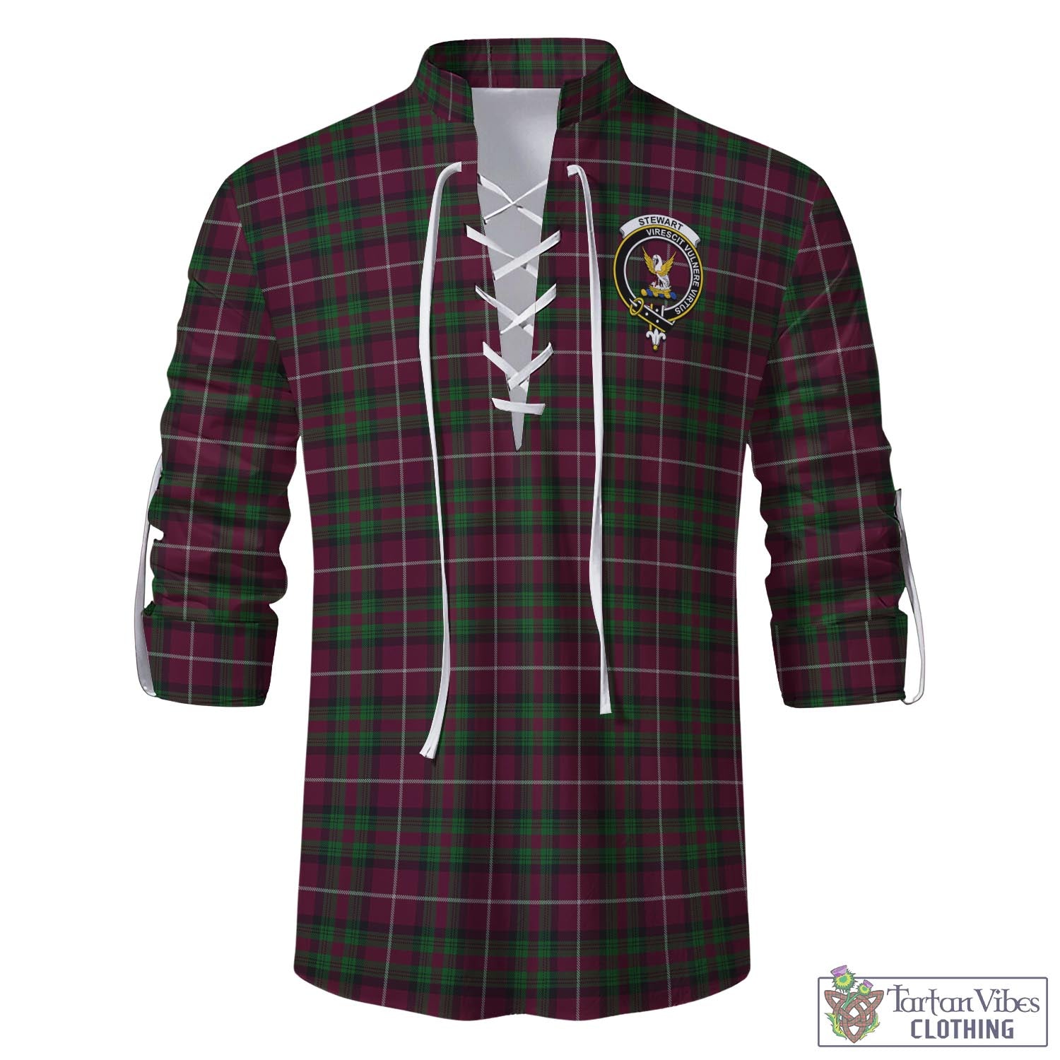 Tartan Vibes Clothing Stewart of Bute Hunting Tartan Men's Scottish Traditional Jacobite Ghillie Kilt Shirt with Family Crest