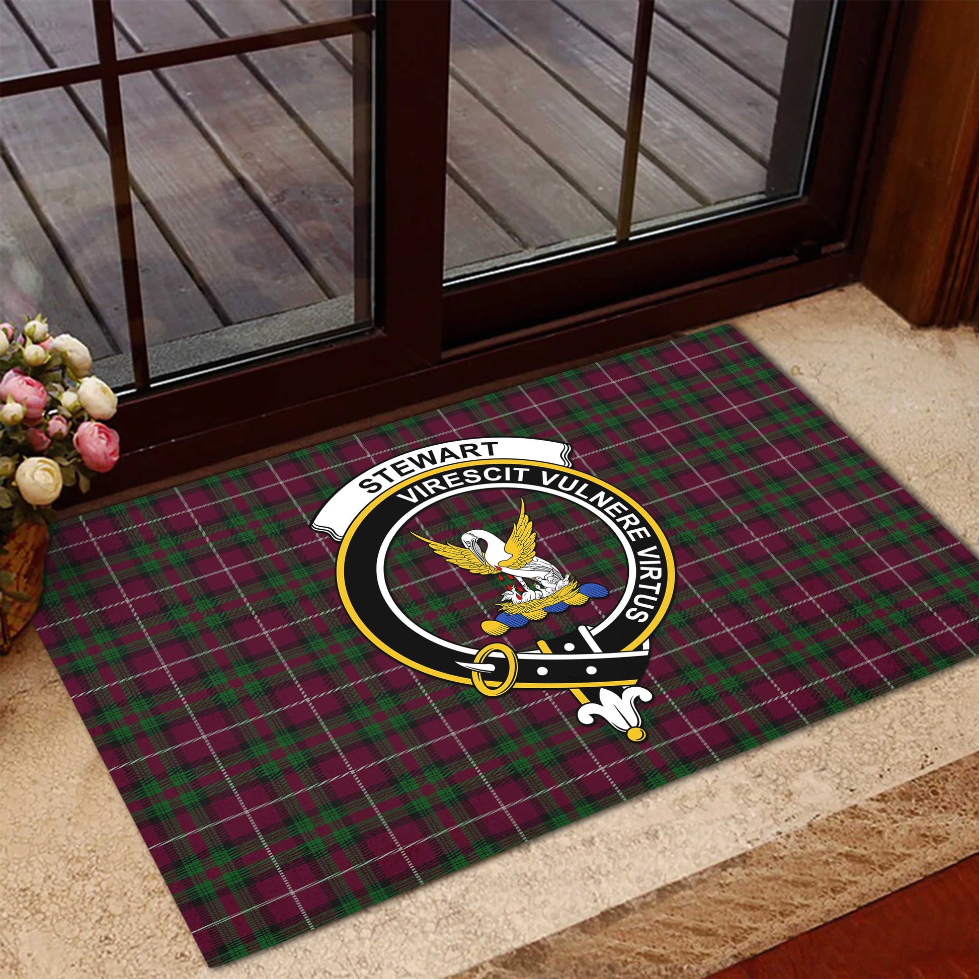 Stewart of Bute Hunting Tartan Door Mat with Family Crest - Tartanvibesclothing Shop