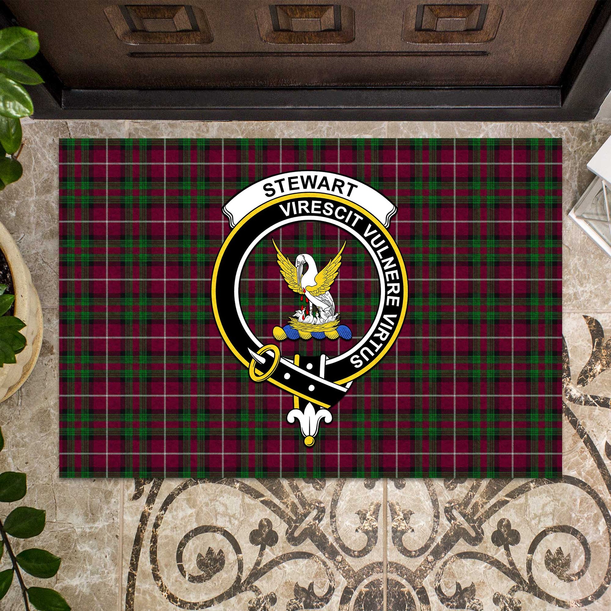 Stewart of Bute Hunting Tartan Door Mat with Family Crest - Tartanvibesclothing Shop